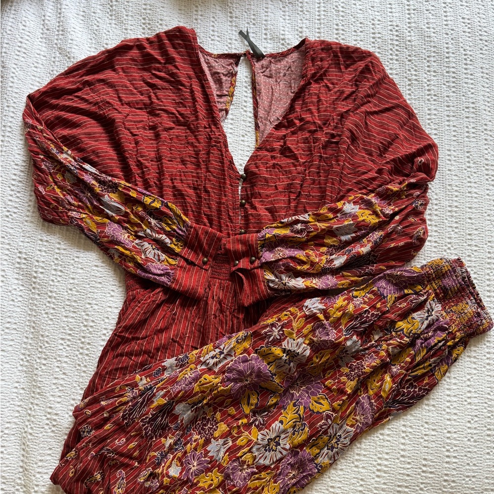 Floral Red and Yellow Anthropologie Jumpsuit